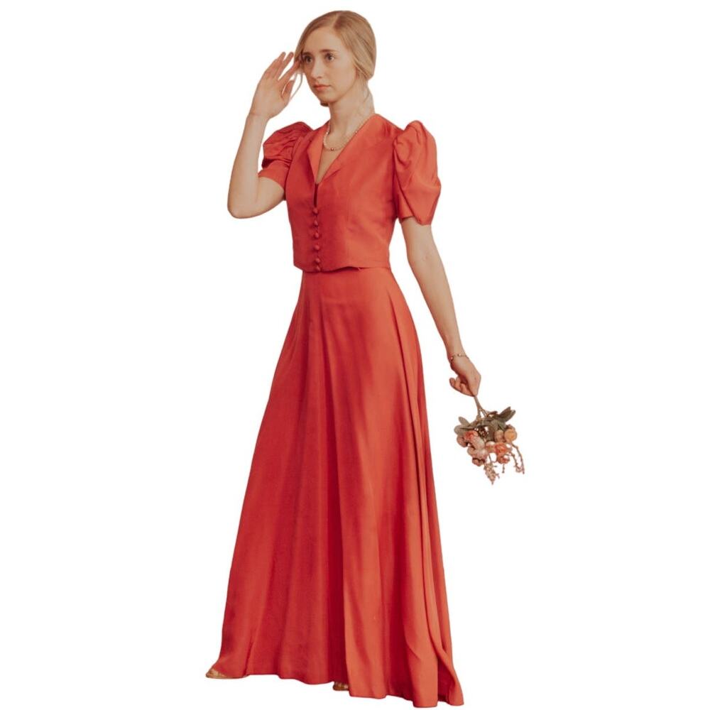Vintage 1940s Raspberry Gown and Bolero Jacket Two Piece Set Small
